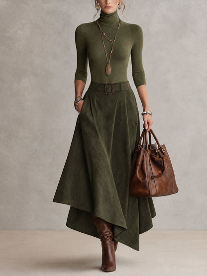 Adelisa | Completo Dolcevita e Gonna Asimmetrica, Verde Oliva