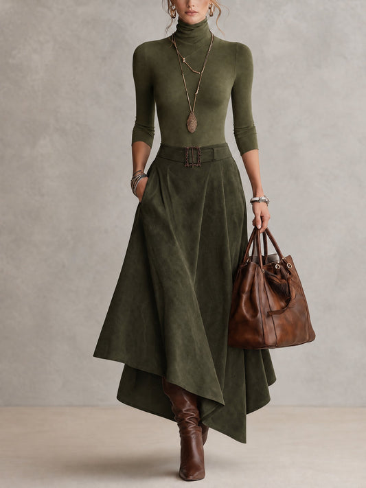 Adelisa | Completo Dolcevita e Gonna Asimmetrica, Verde Oliva