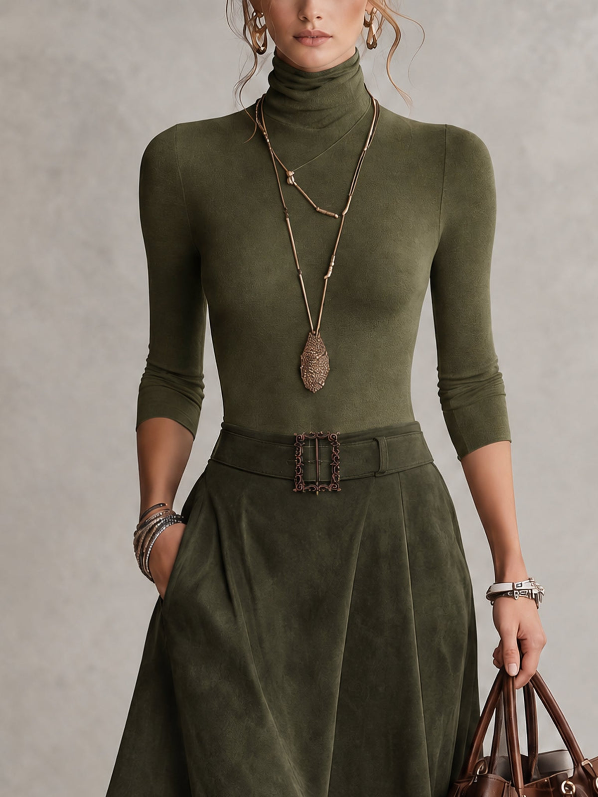 Adelisa | Completo Dolcevita e Gonna Asimmetrica, Verde Oliva