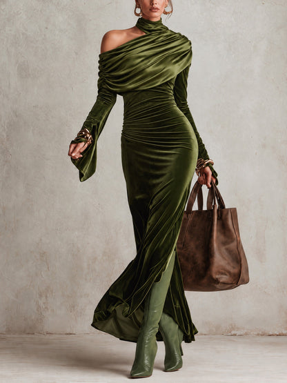 Violante | Abito Maxi Asimmetrico in Velluto e Satin, Verde Oliva