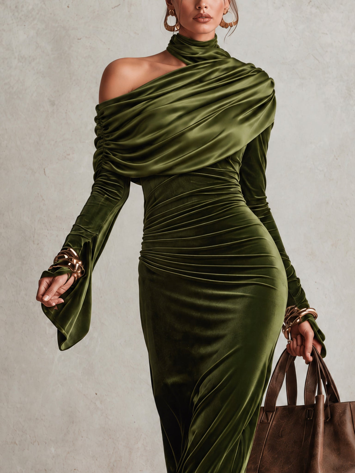 Violante | Abito Maxi Asimmetrico in Velluto e Satin, Verde Oliva