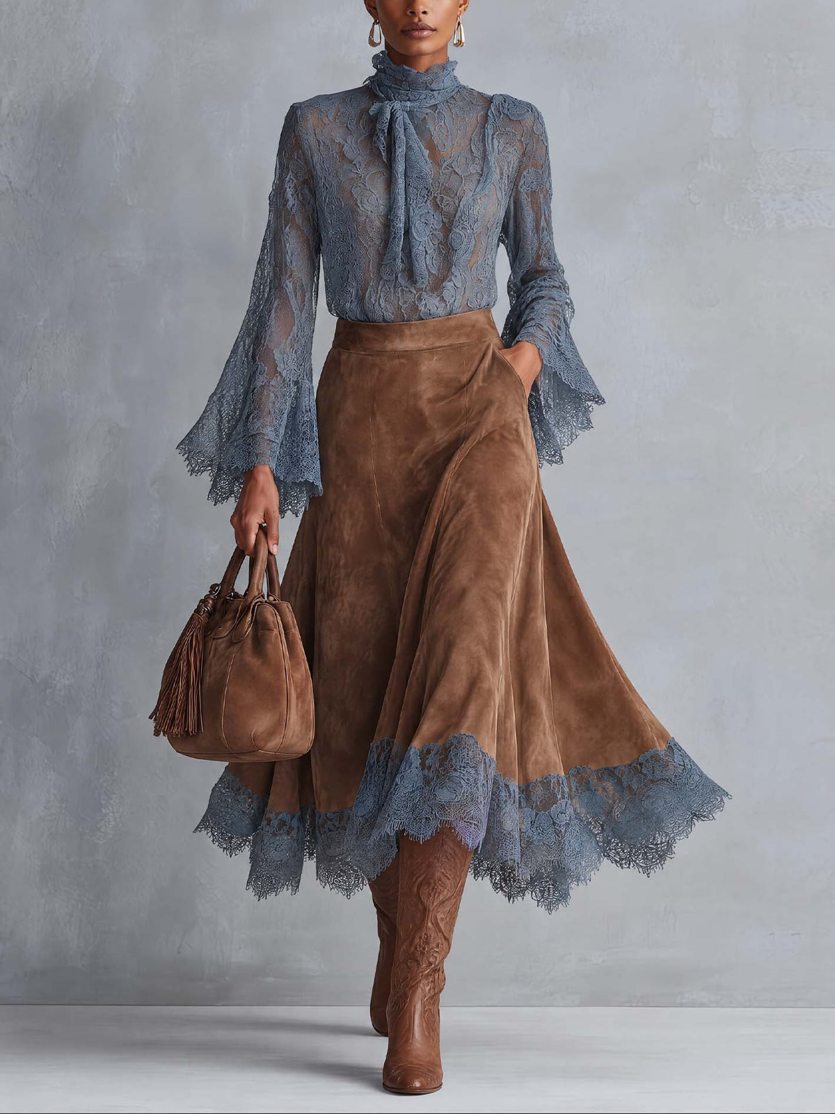 Celestina | Completo Blusa in Pizzo e Gonna Midi Cammello, Azzurro Polvere e Cammello