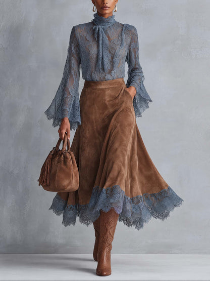 Celestina | Completo Blusa in Pizzo e Gonna Midi Cammello, Azzurro Polvere e Cammello