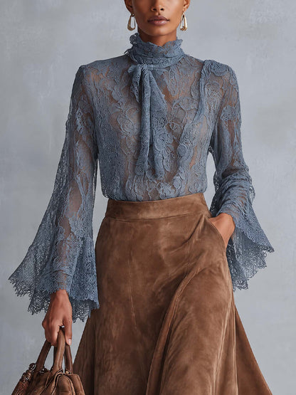 Celestina | Completo Blusa in Pizzo e Gonna Midi Cammello, Azzurro Polvere e Cammello