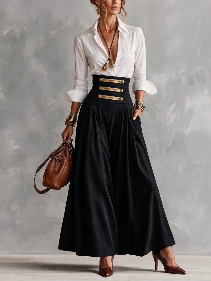 Isotta | Completo Camicia Bianca e Gonna con Bottoni Dorati, Bianco e Nero
