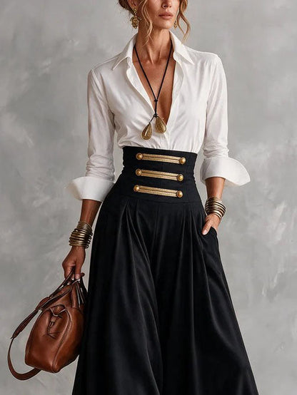 Isotta | Completo Camicia Bianca e Gonna con Bottoni Dorati, Bianco e Nero