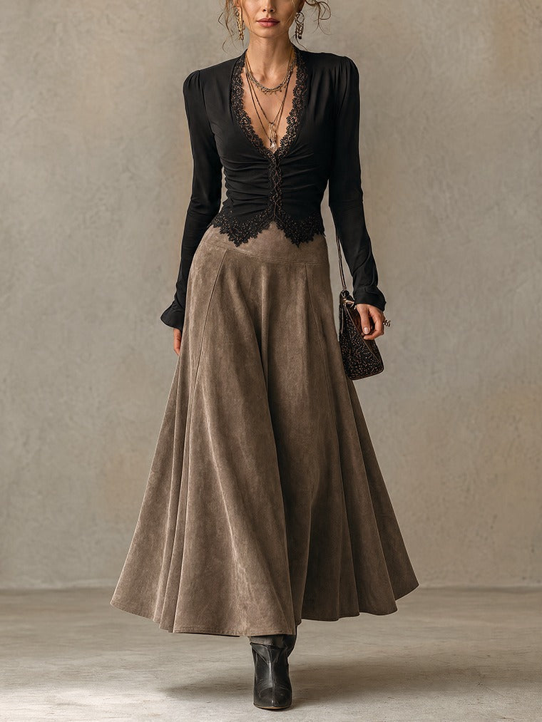 Fiordalisa | Completo Top in Pizzo e Gonna Effetto Scamosciato, Nero e Taupe