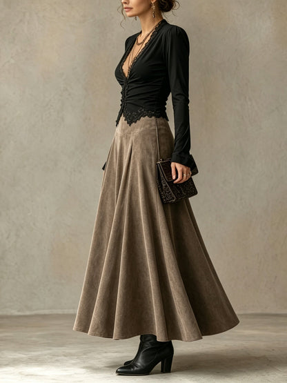 Fiordalisa | Completo Top in Pizzo e Gonna Effetto Scamosciato, Nero e Taupe