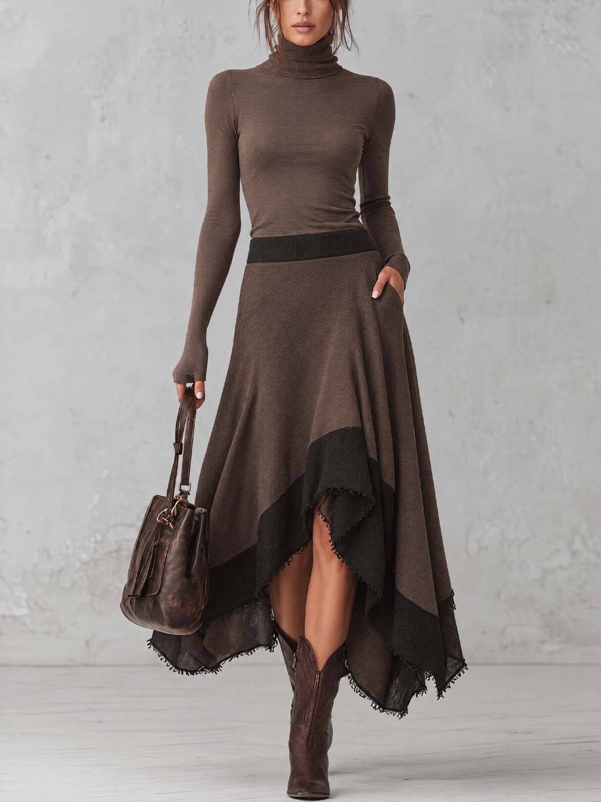 Ottavia | Completo Dolcevita e Gonna Asimmetrica Color Block, Cioccolato e Nero