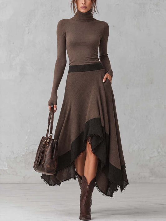 Ottavia | Completo Dolcevita e Gonna Asimmetrica Color Block, Cioccolato e Nero