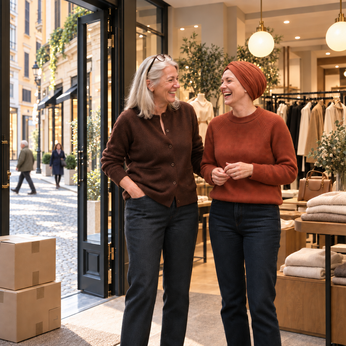 Elena e Valentina nella boutique, con passanti sullo sfondo
