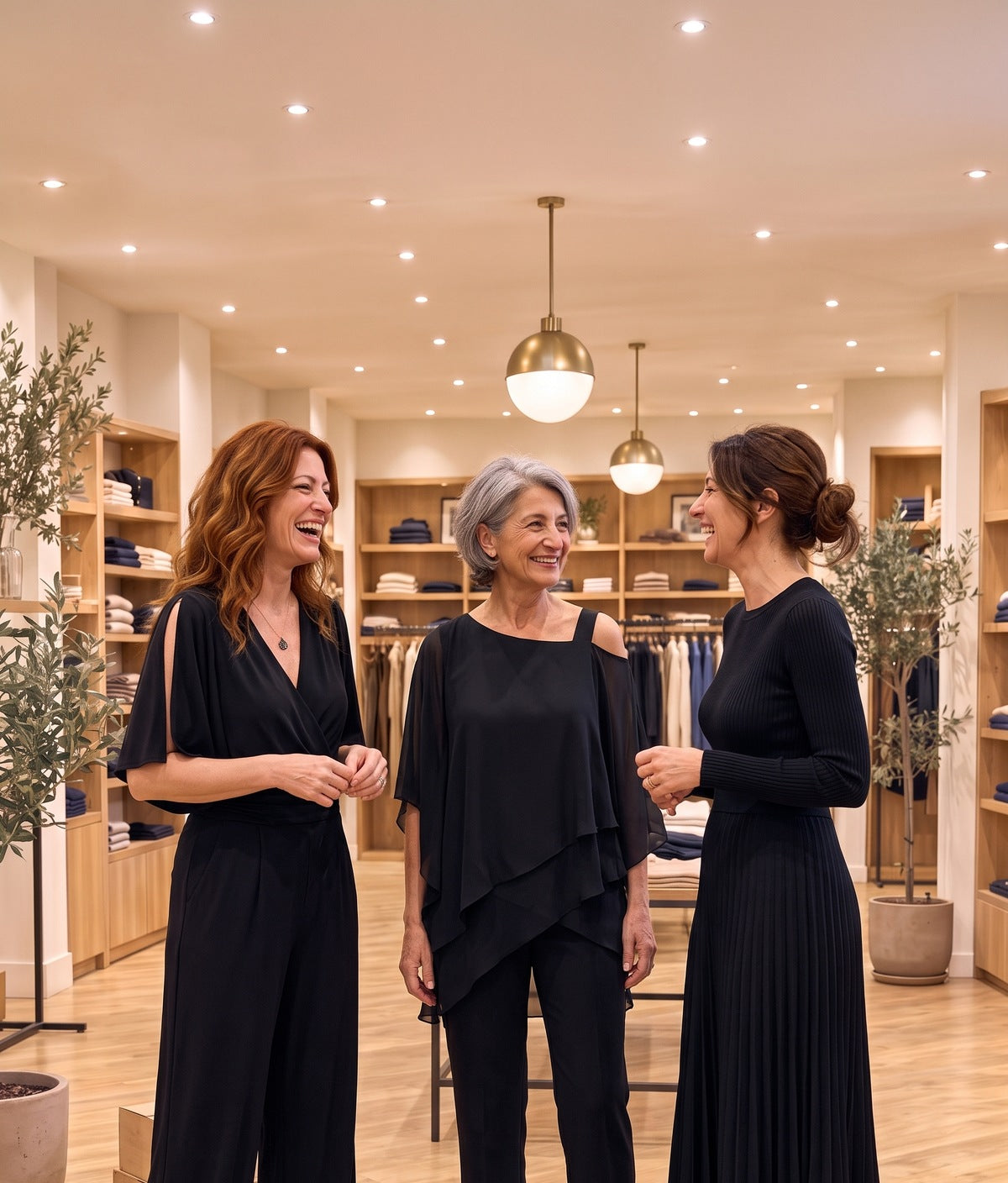 Tre donne in boutique Elena Romanelli vestite di nero: tuta, completo in chiffon e abito plissé