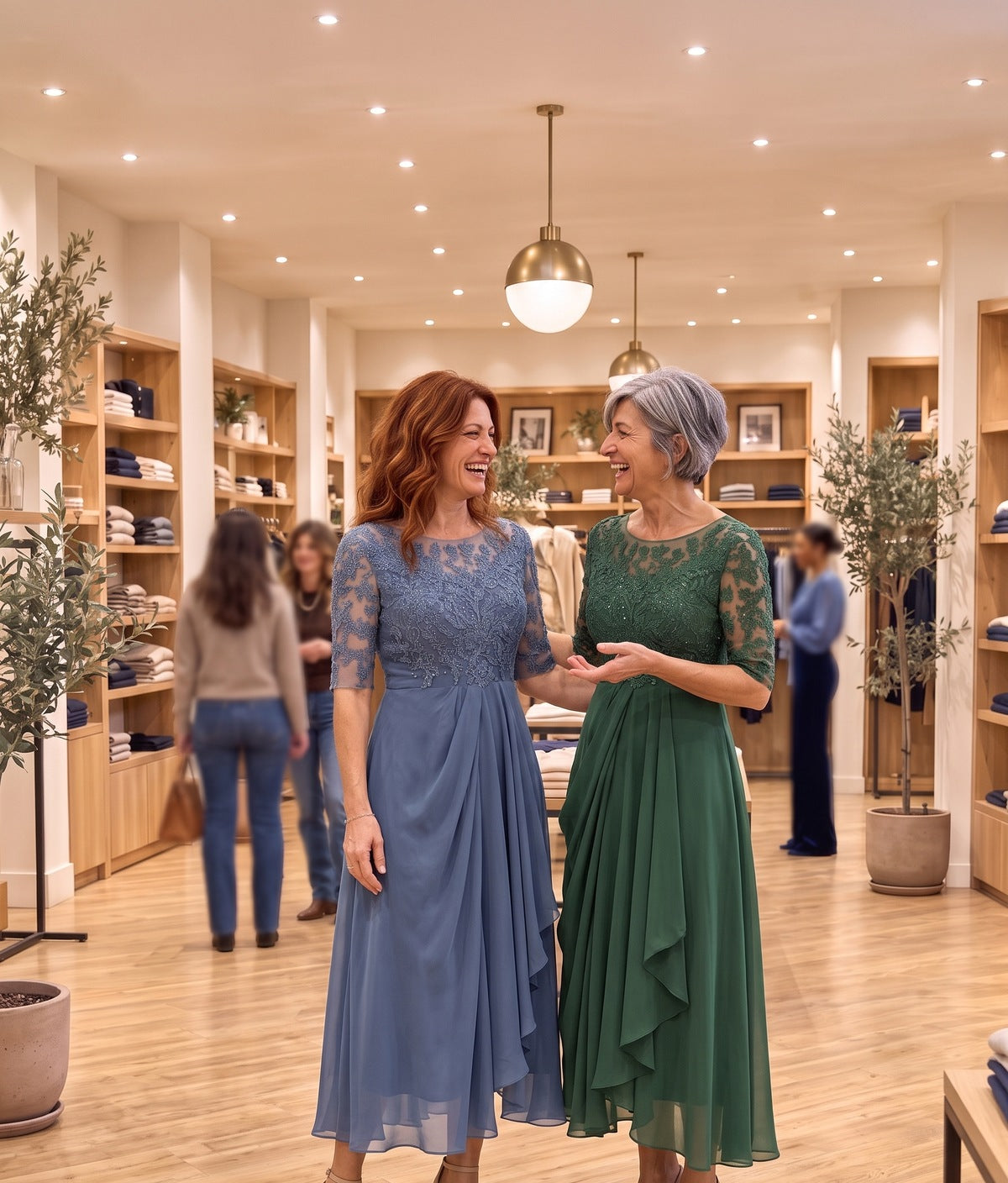 Due donne ridono nella boutique Elena Romanelli con l'abito midi in pizzo e chiffon, blu polvere e verde bosco