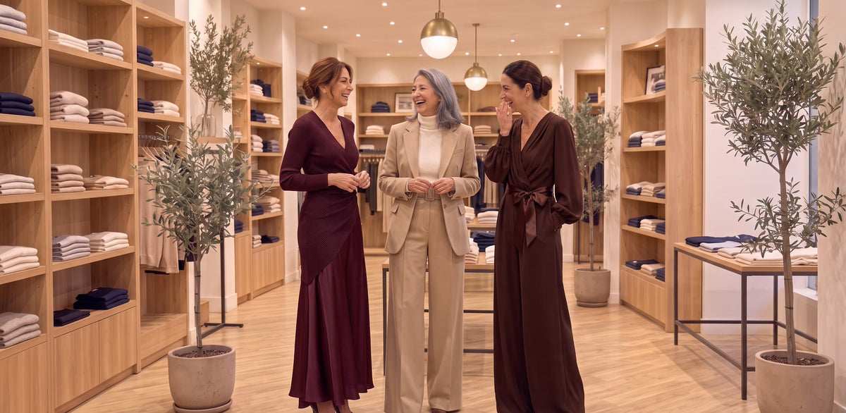 La Linea Elena, tre donne in boutique con abito bordeaux, completo beige e tuta cioccolato