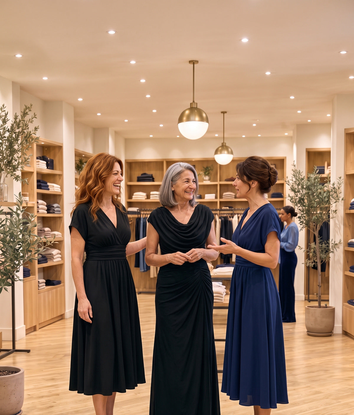 La Vita Segnata: tre donne in boutique con abiti dalla vita segnata