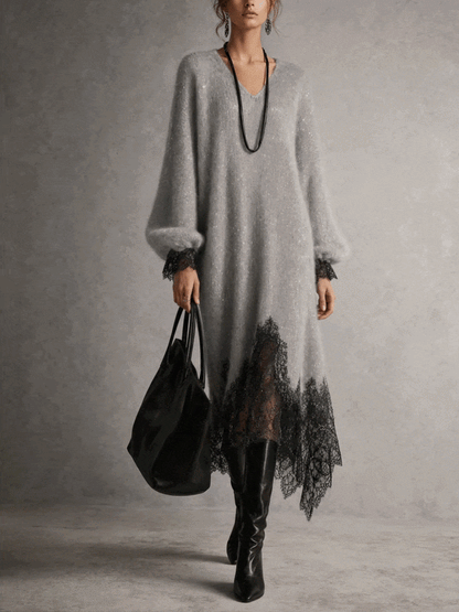 Solange | Abito Midi in Maglia con Scollo a V e Orlo in Pizzo