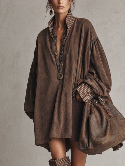 Fausta, abito mini oversize effetto suede con colletto e polsini a righe, marrone