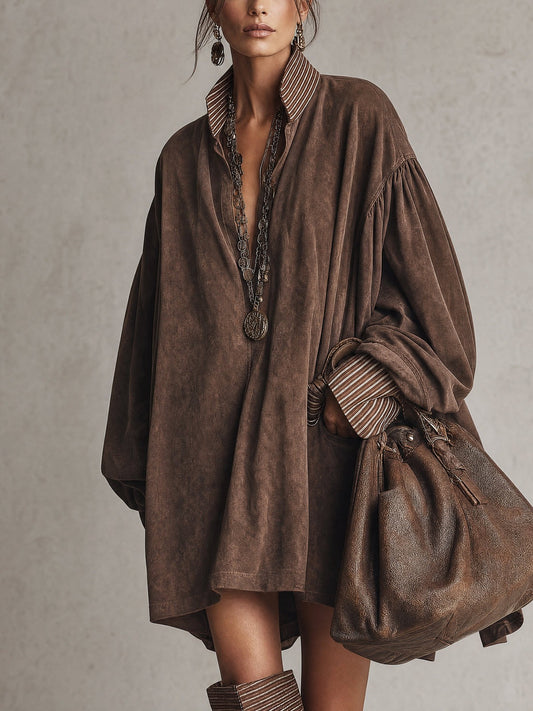 Fausta, abito mini oversize effetto suede con colletto e polsini a righe, marrone