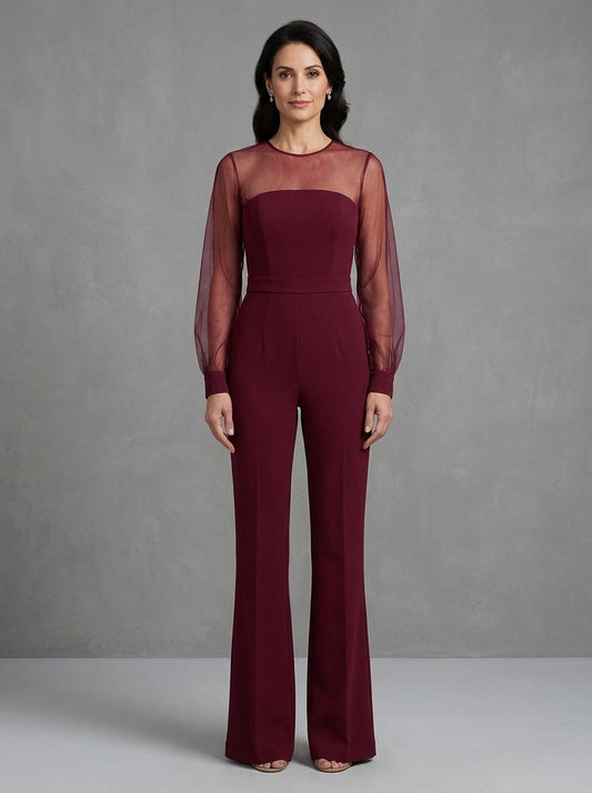 Fedra — tuta elegante bordeaux con tulle trasparente, vista frontale