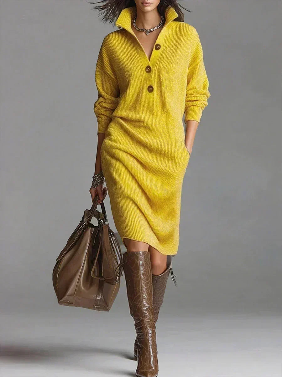 Giselda – abito midi in maglia a coste con collo a camicia giallo senape, vista frontale