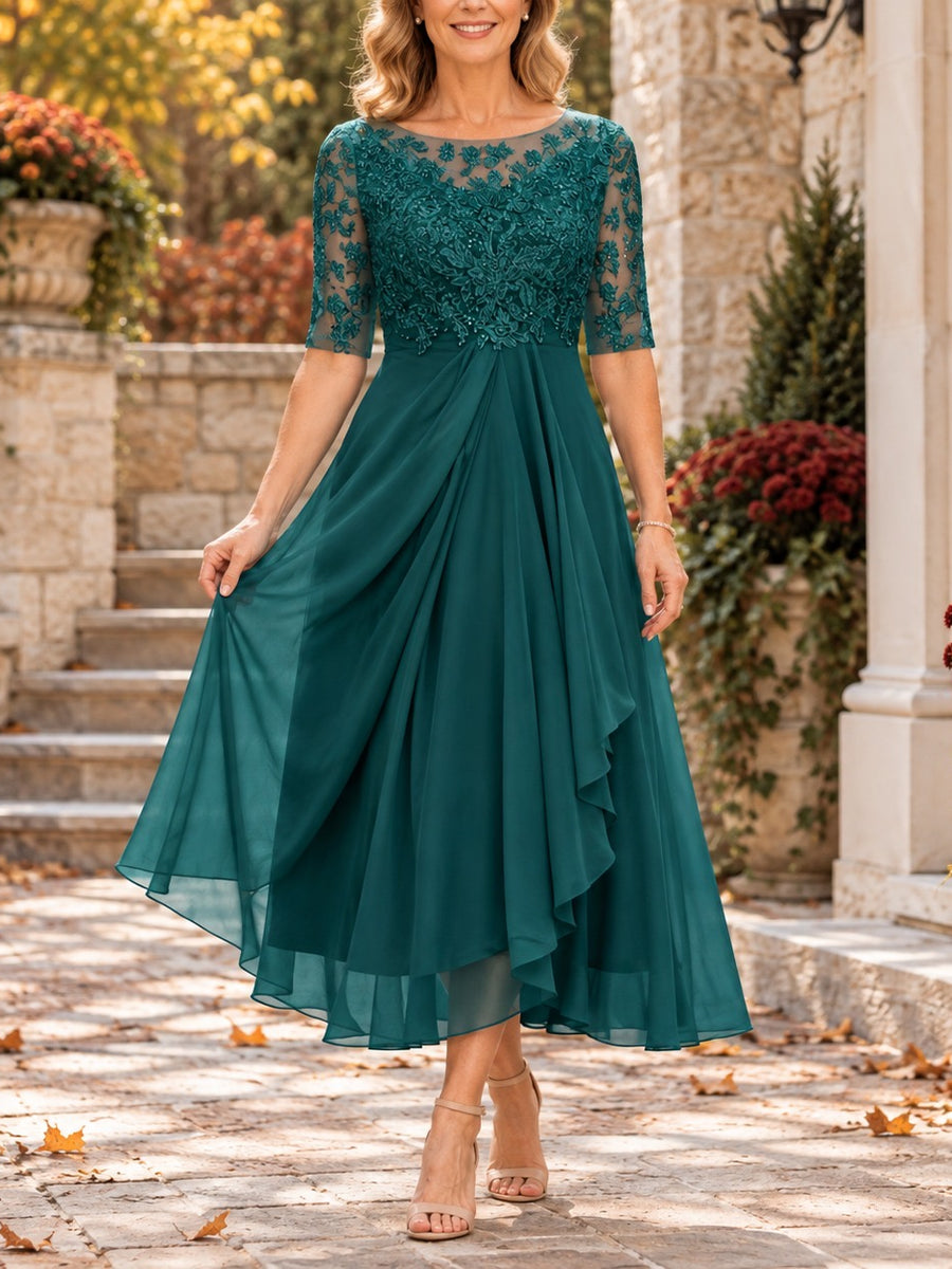 Alberta | Abito Midi con Corpetto in Pizzo e Gonna in Chiffon, Verde Petrolio