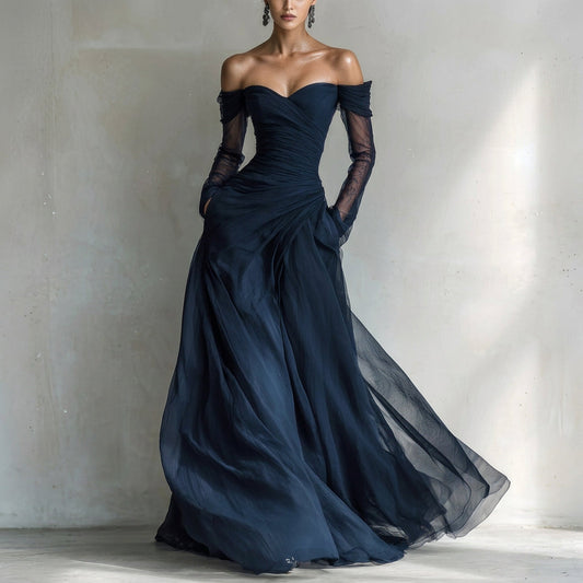 Anastasia | Abito Maxi Spalle Scoperte con Maniche Trasparenti, Blu