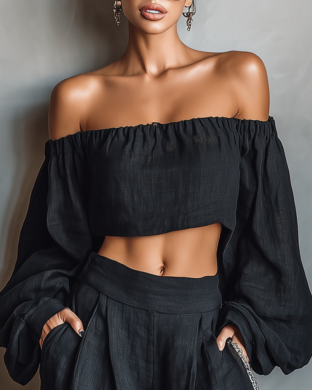 Tessa | Completo Spalle Scoperte e Pantalone a Gamba Larga, Nero