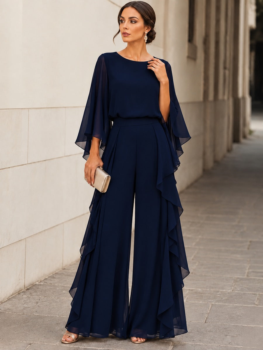 Gaetana, completo due pezzi con maniche a mantella e pantaloni con volant laterali, blu navy