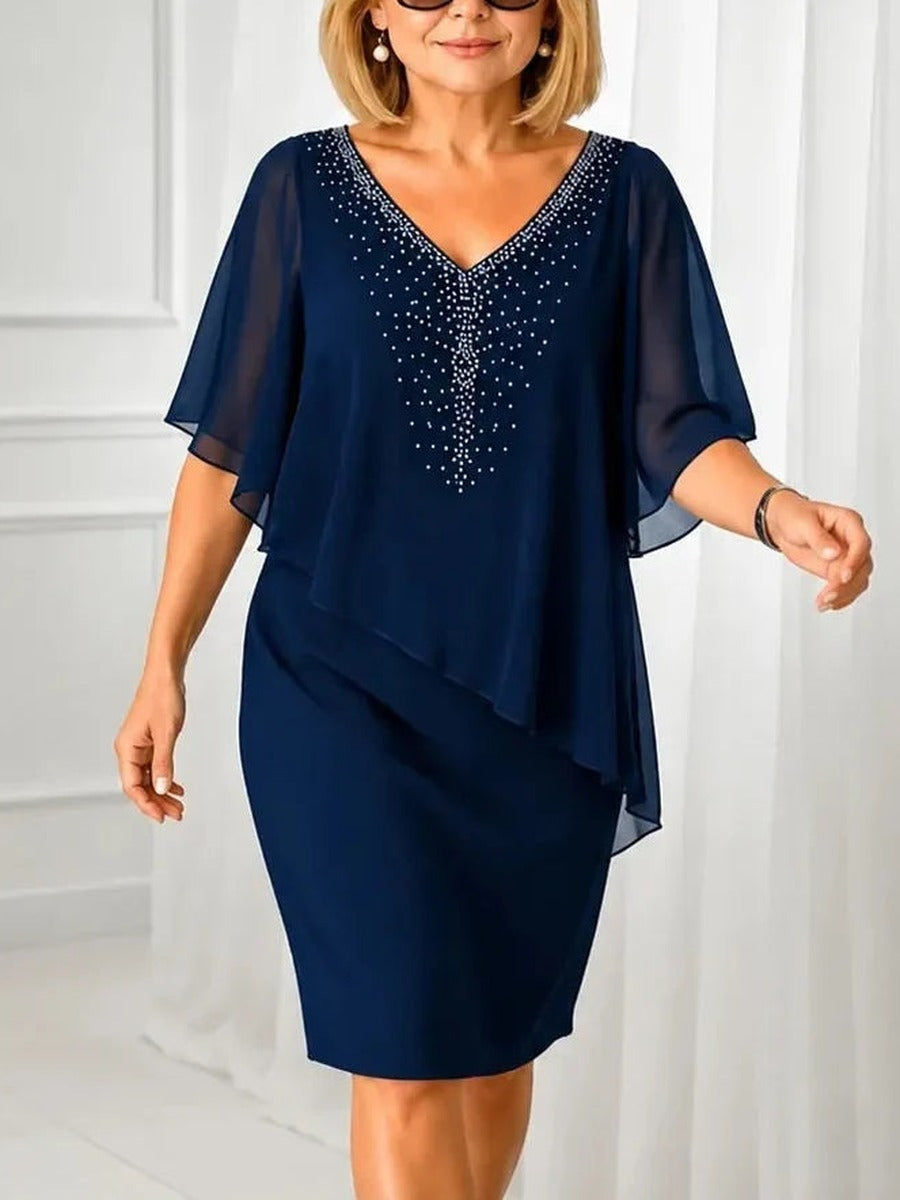 Gelsomina, abito con mantella in chiffon e scollo a V con strass, blu navy