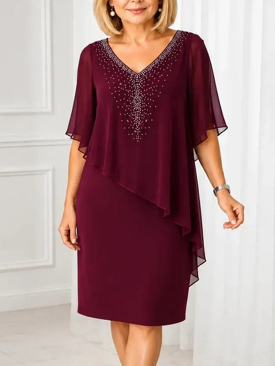 Gelsomina, abito con mantella in chiffon e scollo a V con strass, bordeaux
