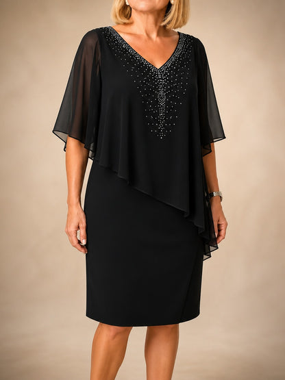 Gelsomina, abito al ginocchio con mantella in chiffon, nero, vista frontale