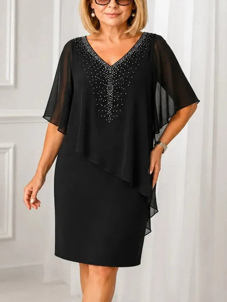 Gelsomina, abito con mantella in chiffon e scollo a V con strass, nero