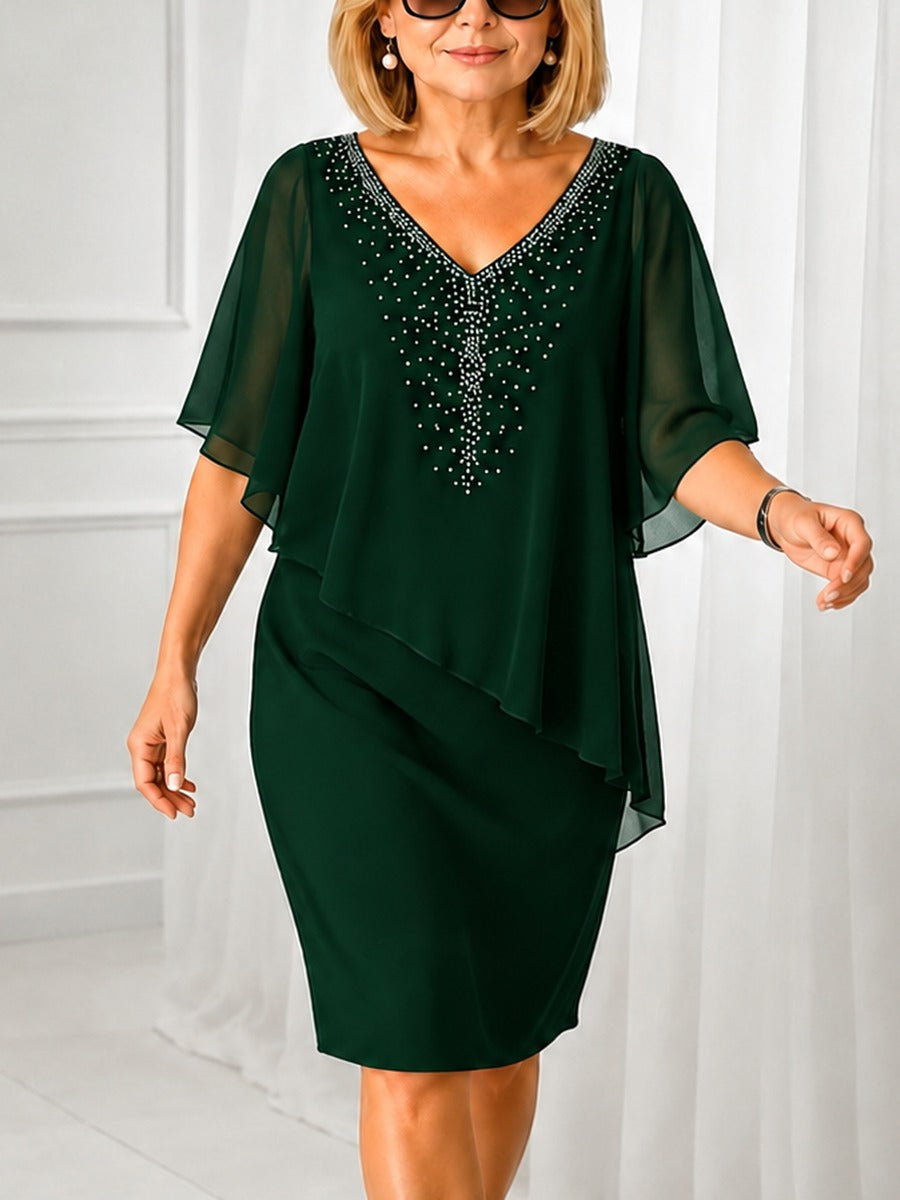 Gelsomina, abito con mantella in chiffon e scollo a V con strass, verde scuro