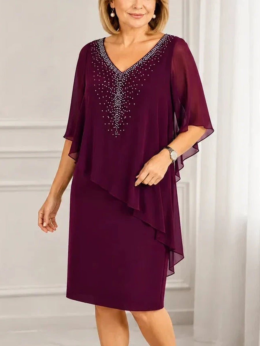 Gelsomina, abito con mantella in chiffon e scollo a V con strass, viola