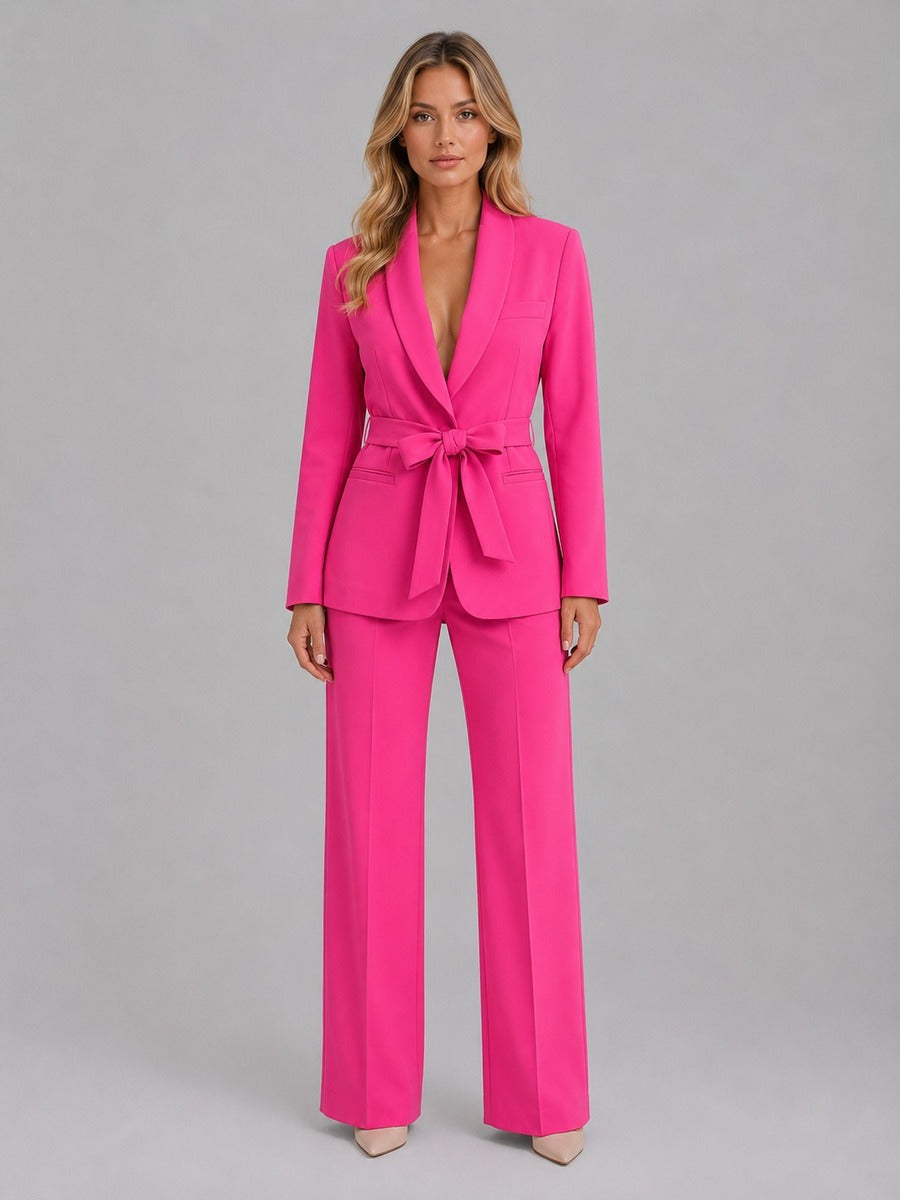 Genziana, completo due pezzi con blazer a collo a scialle e cintura e pantaloni a gamba ampia, fucsia