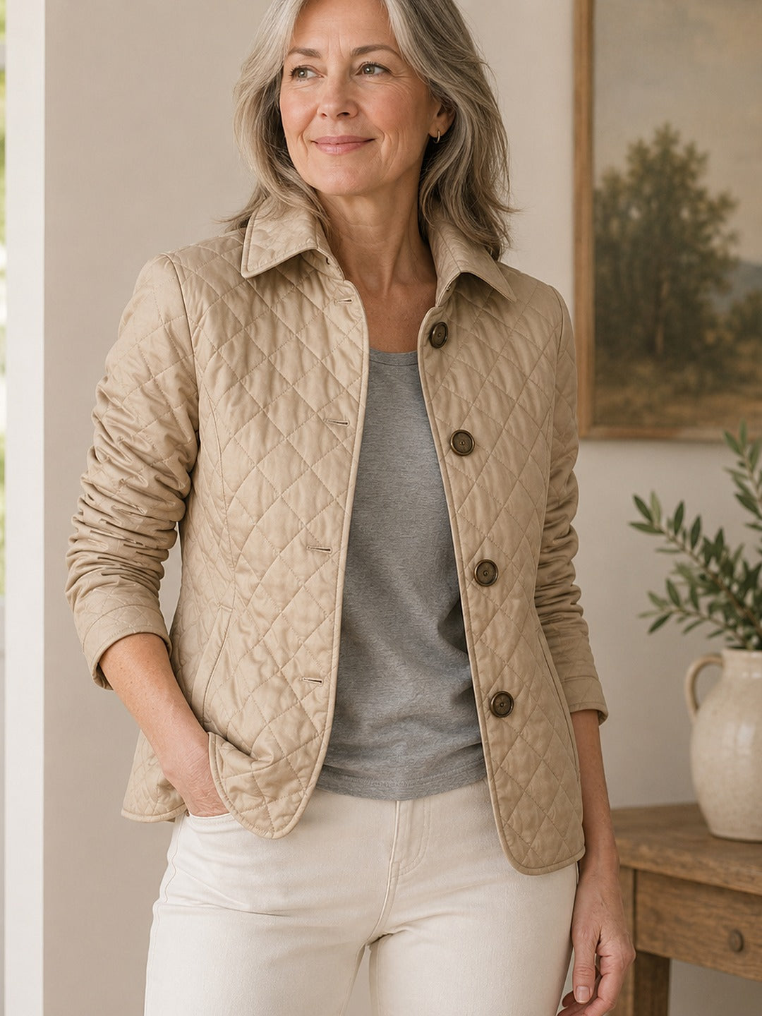 Erminia, giacca trapuntata a rombi beige — davanti