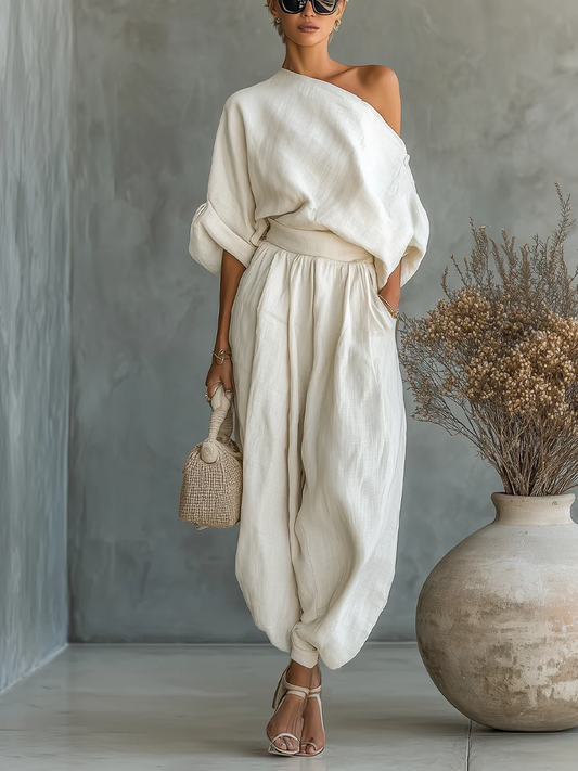 Margherita | Completo Top Monospalla e Pantaloni, Crema