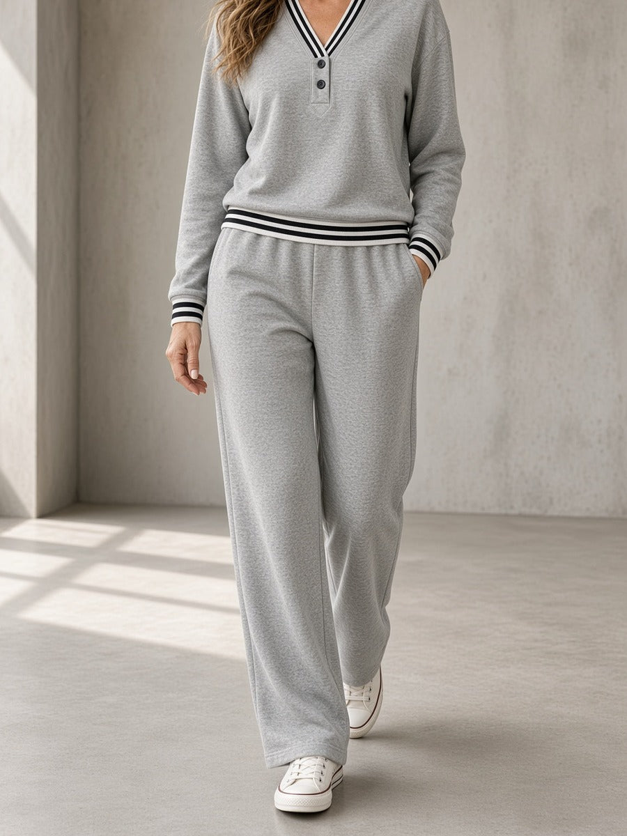 Giacoma, completo con felpa scollo a V, bordi a righe e pantalone ampio, grigio