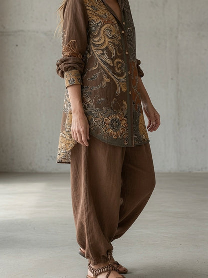 Elisea, completo camicia a stampa paisley e pantalone morbido, marrone