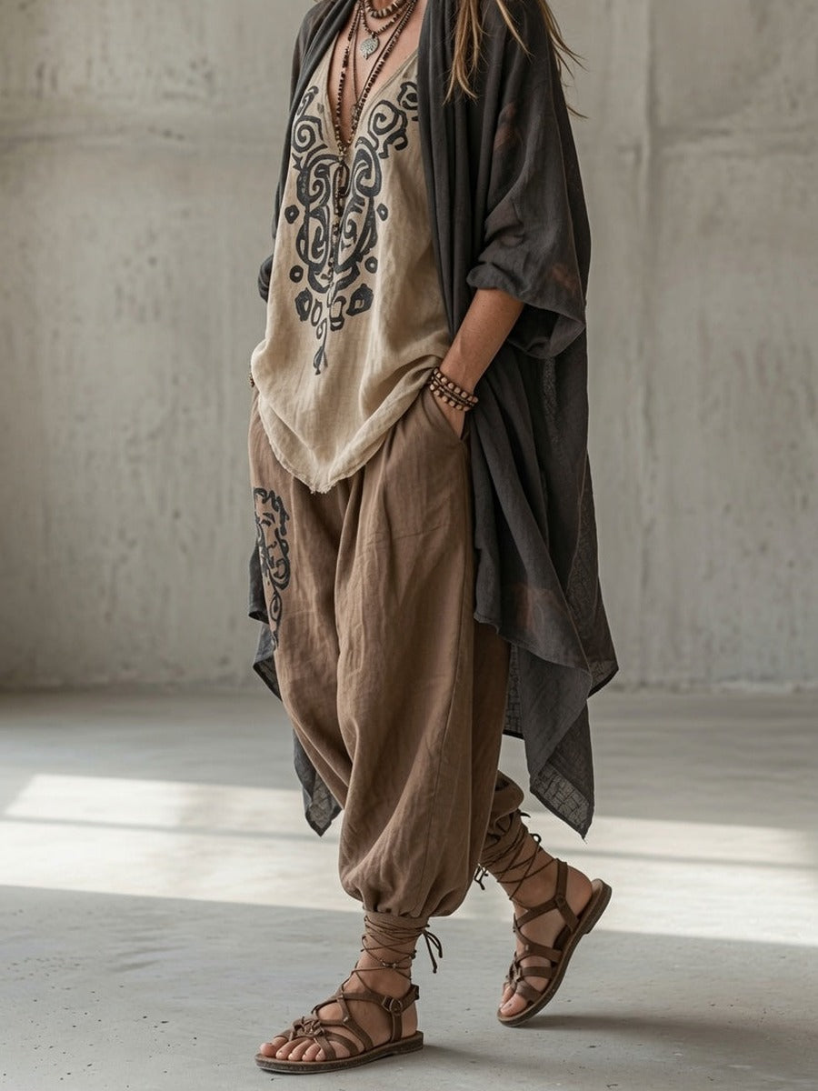 Nausicaa, completo tre pezzi con kimono, blusa a volute e pantalone alla turca, marrone
