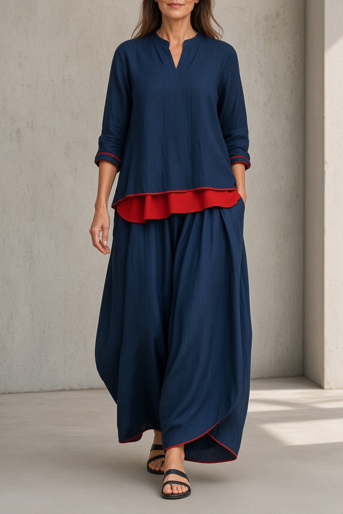 Alessia | Completo Top con Strato Rosso e Pantalone Ampio