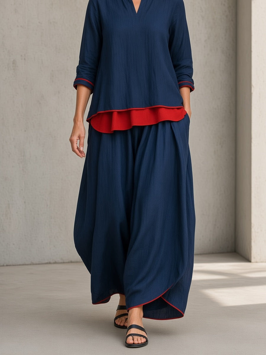 Vittorina, completo con blusa coreana e pantalone ampio a contrasto rosso, blu navy
