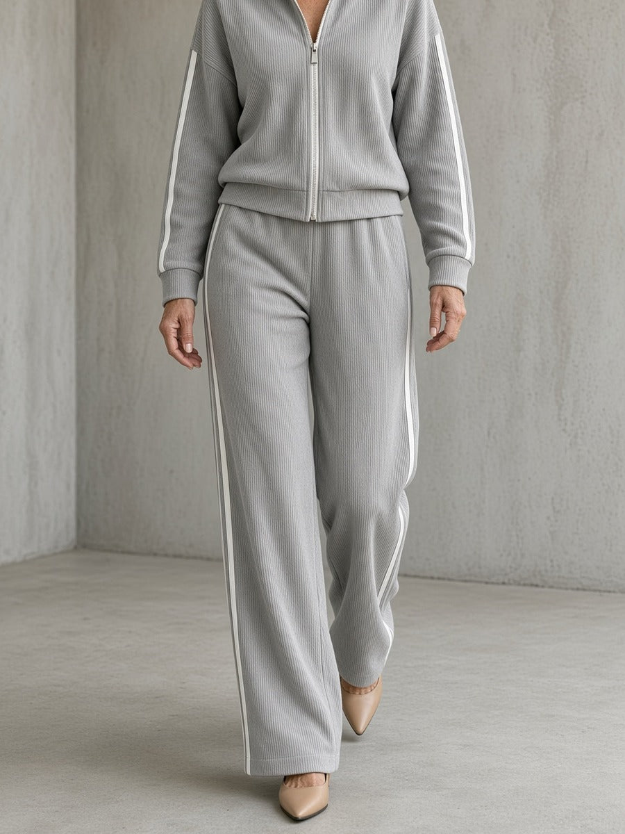 Wilma, completo con felpa a zip e pantalone ampio a bande, grigio