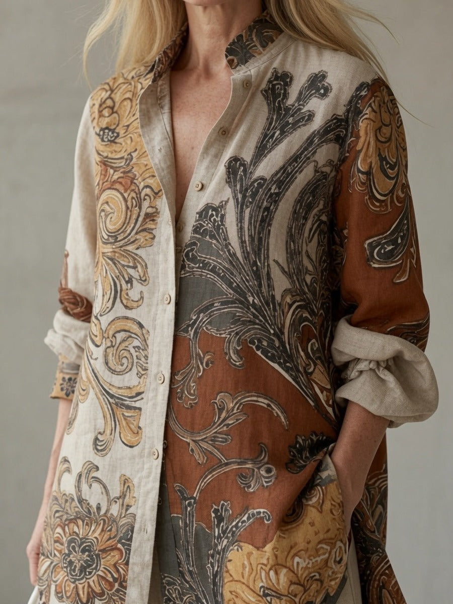 Calliope, completo camicia stampata a volute e pantalone alla turca, bianco, dettaglio