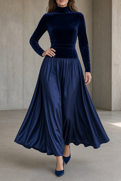 Violetta | Abito Maxi in Velluto con Collo Alto, Blu Navy