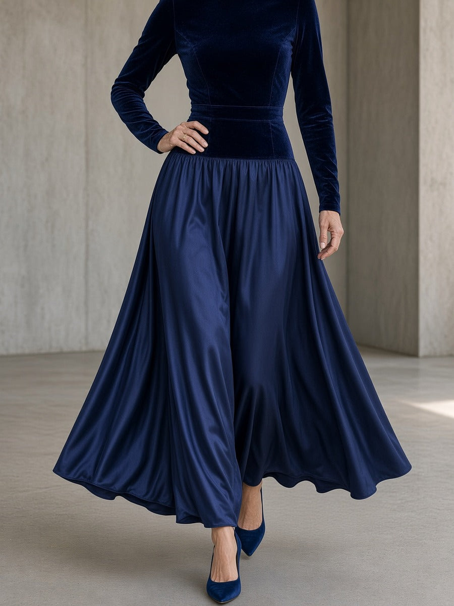 Virna, abito lungo con corpetto in velluto a collo alto e gonna fluida, blu navy