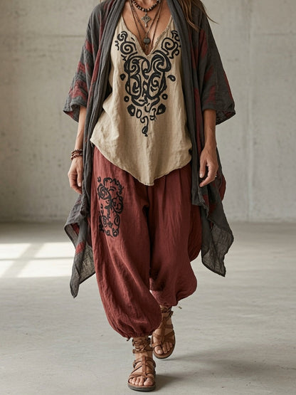 Nausicaa, completo tre pezzi con kimono, blusa a volute e pantalone alla turca, terracotta