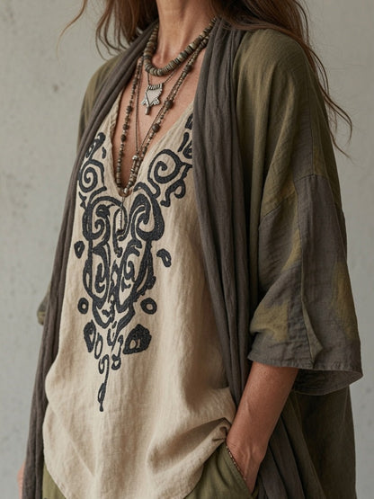 Nausicaa, completo tre pezzi con kimono, blusa a volute e pantalone alla turca, verde oliva, dettaglio