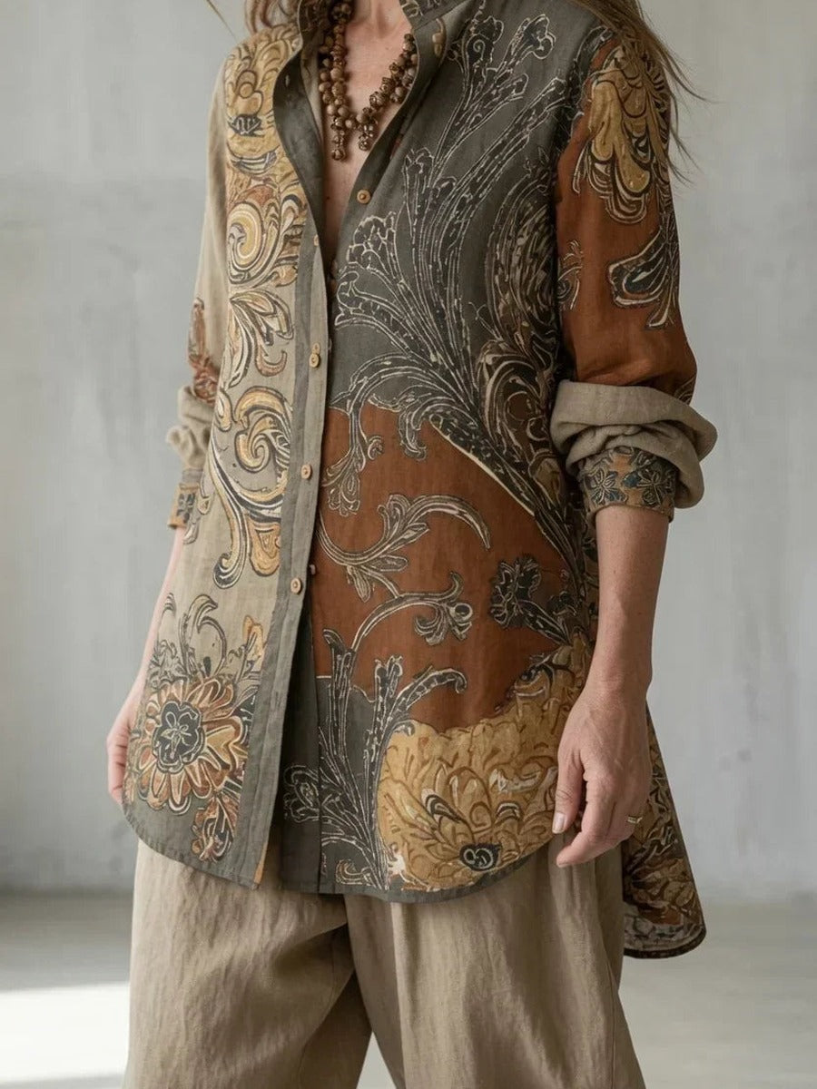 Calliope, completo camicia stampata a volute e pantalone alla turca, beige, dettaglio