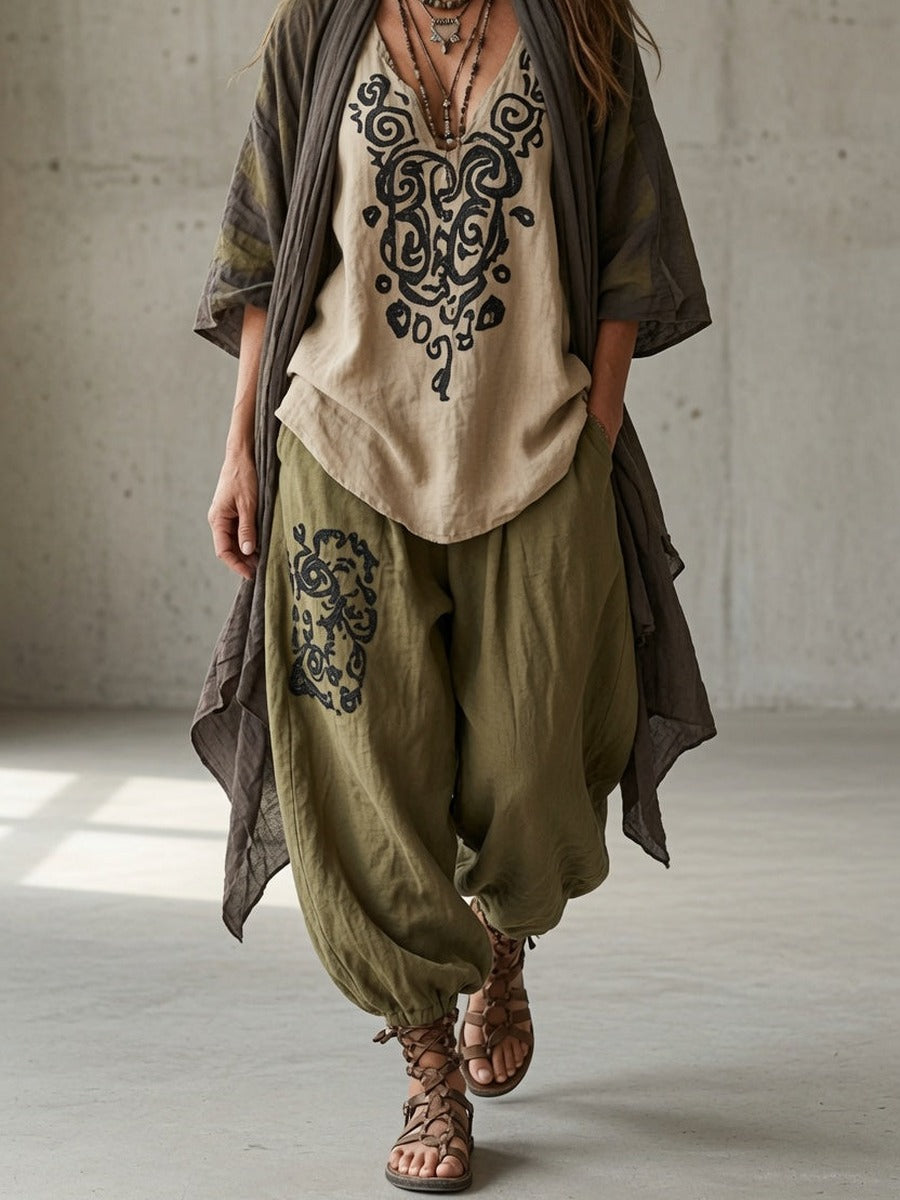 Nausicaa, completo tre pezzi con kimono, blusa a volute e pantalone alla turca, verde oliva